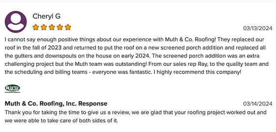 Muth Roofing customer review from BBB