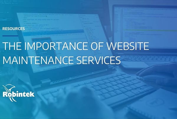 blog header "the importance of website maintenance services" over the background of a tech working on a website