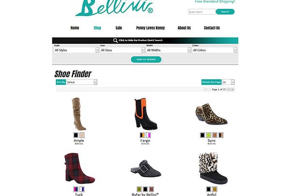 bellini shoes custom product search and filter for ecommerce website