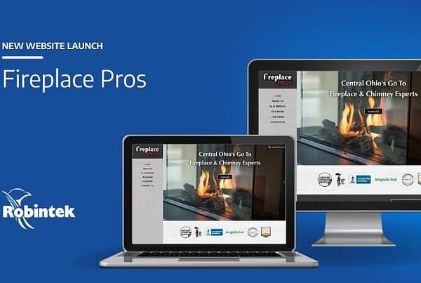 New Website Launch Fireplace pros text with website homepage design shown on laptop and desktop