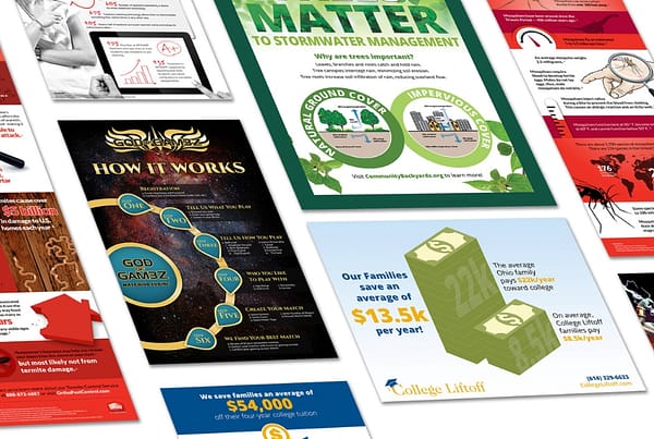 Robintek infographic designs in an angled masonry layout