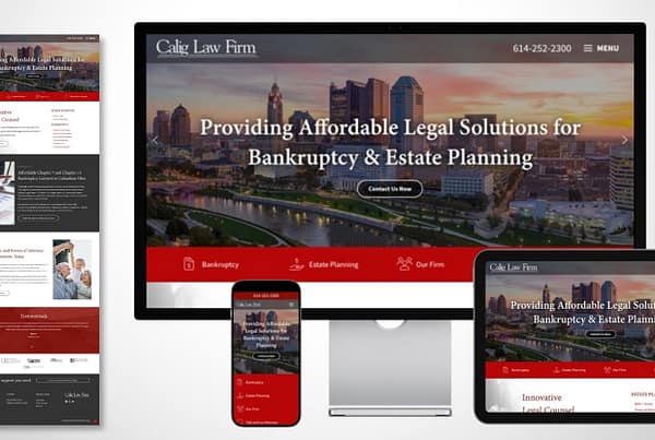 Calig Law homepage design shown in full, on desktop, tablet, and mobile device