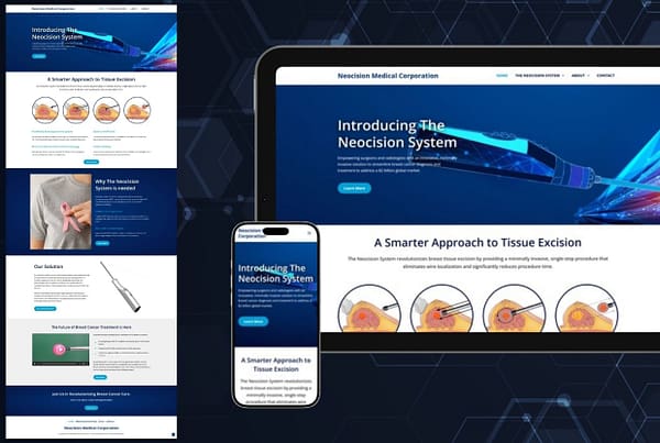 Neocision Medical new website design shown in full, on tablet and on mobile device
