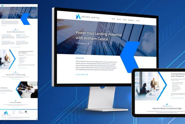 Anthem Capital website homepage design shown in full, on a desktop computer, and on a tablet