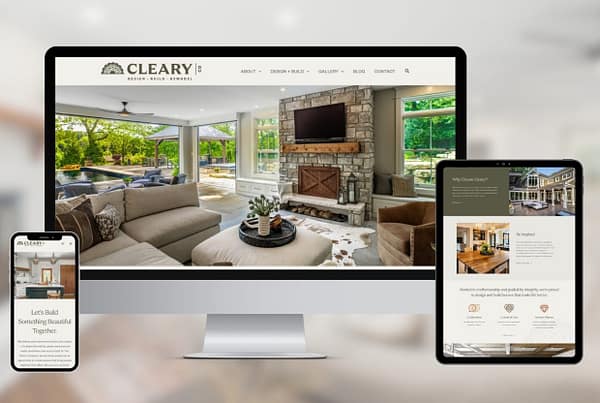 Cleary Co. Homepage design shown on desktop, tablet, and phone