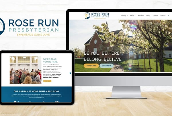 Rose Run Presbyterian Church website design and logo by Robintek shown on a desktop computer and tablet