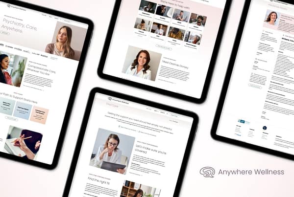Anywhere Wellness webpage designs shown on four different tablets