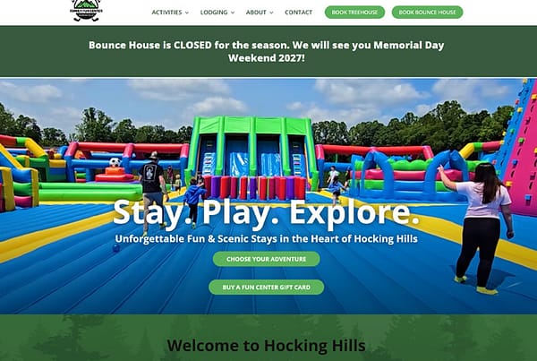 Custom website design for Hocking Hills Fun Center, showcasing its family-friendly attractions, activities, and visitor information.