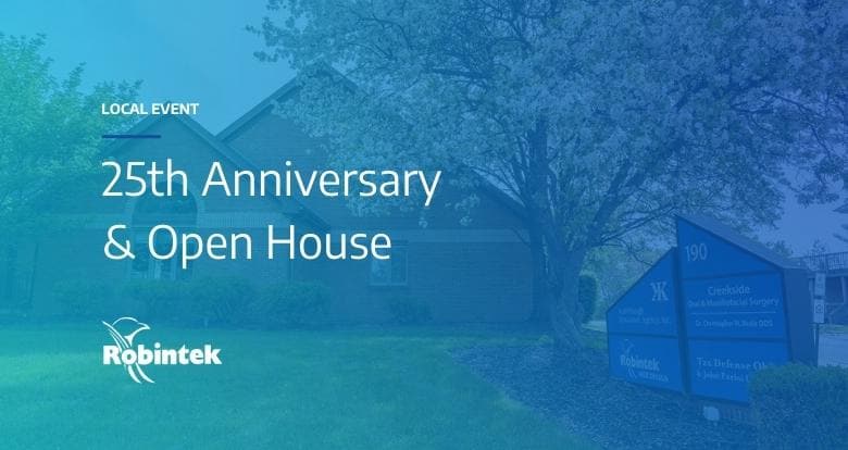 Robintek 25th anniversary and open house blog header with background image of the Robintek office