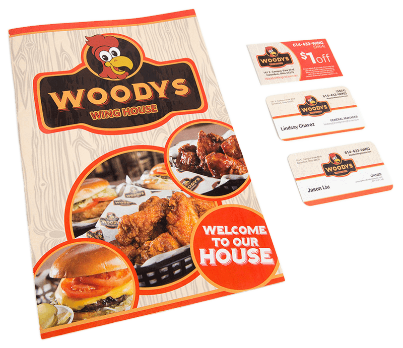 Woody's Wing House Menu and Business Cards & Print Design