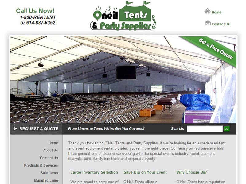 O'Neil Tents & Party Supplies Business Website