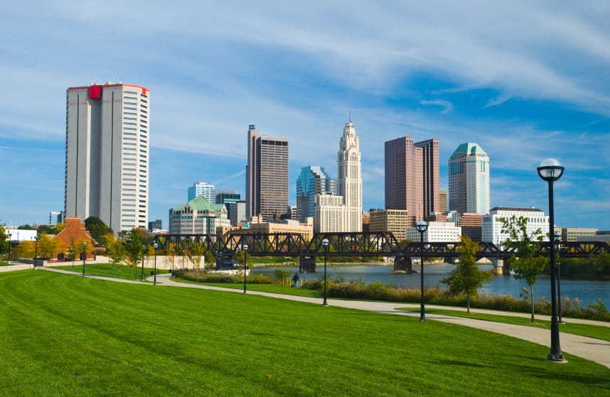 Columbus downtown, river, bridge, community, and park