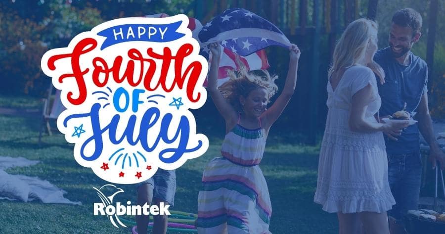 Happy 4th of July from Robintek with a background of a family BBQ and kids running with an American Flag