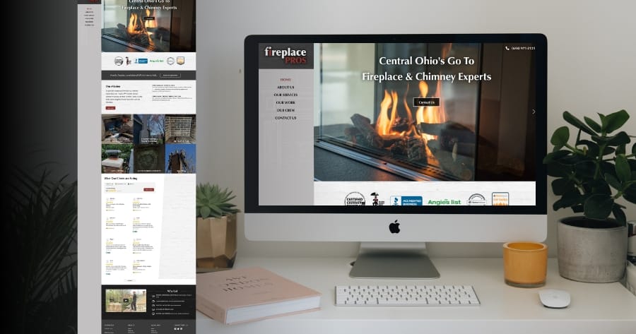 Fireplace pros homepage design shown in full and on a desktop computer