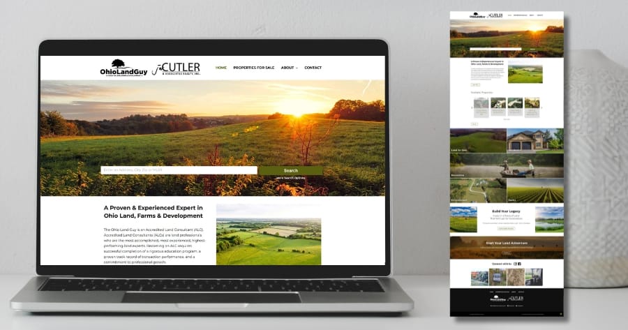 Ohio Land Guy homepage design on laptop and full homepage design
