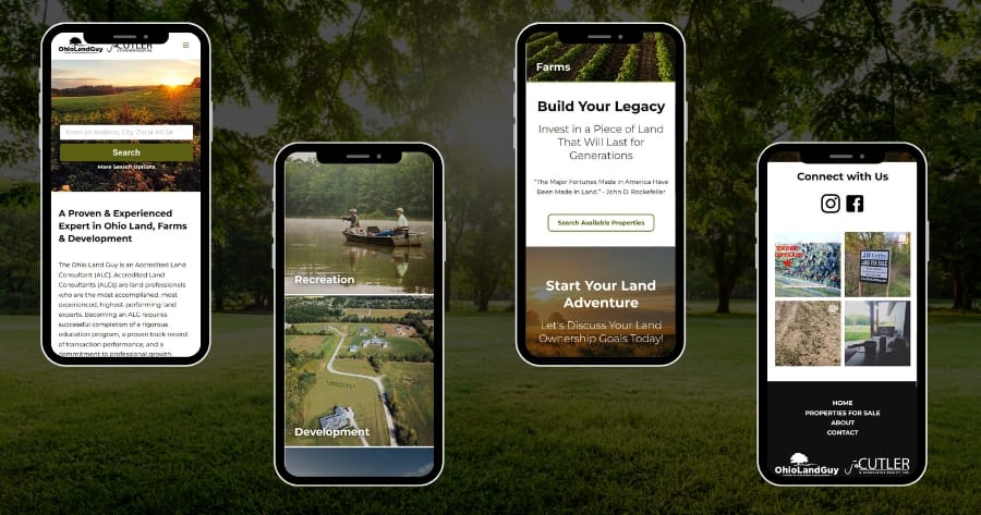 Ohio Land Guy mobile website design shown on phones over a field background