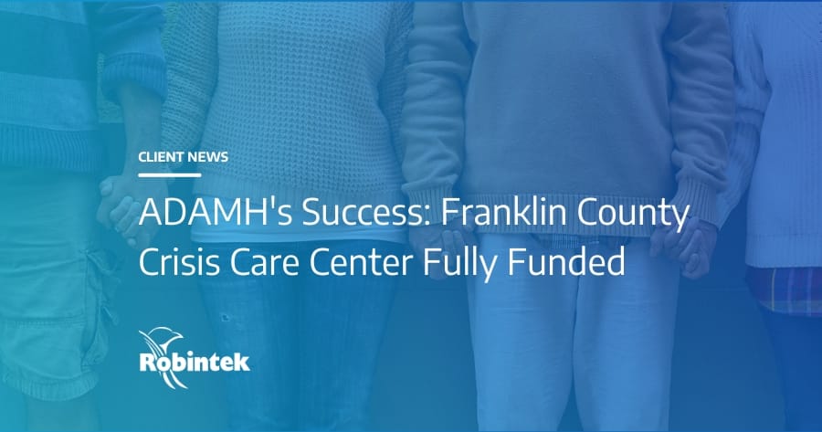 people holding hands with text overlay "ADAMH's Success: Franklin County Crisis Care Center Fully Funded"