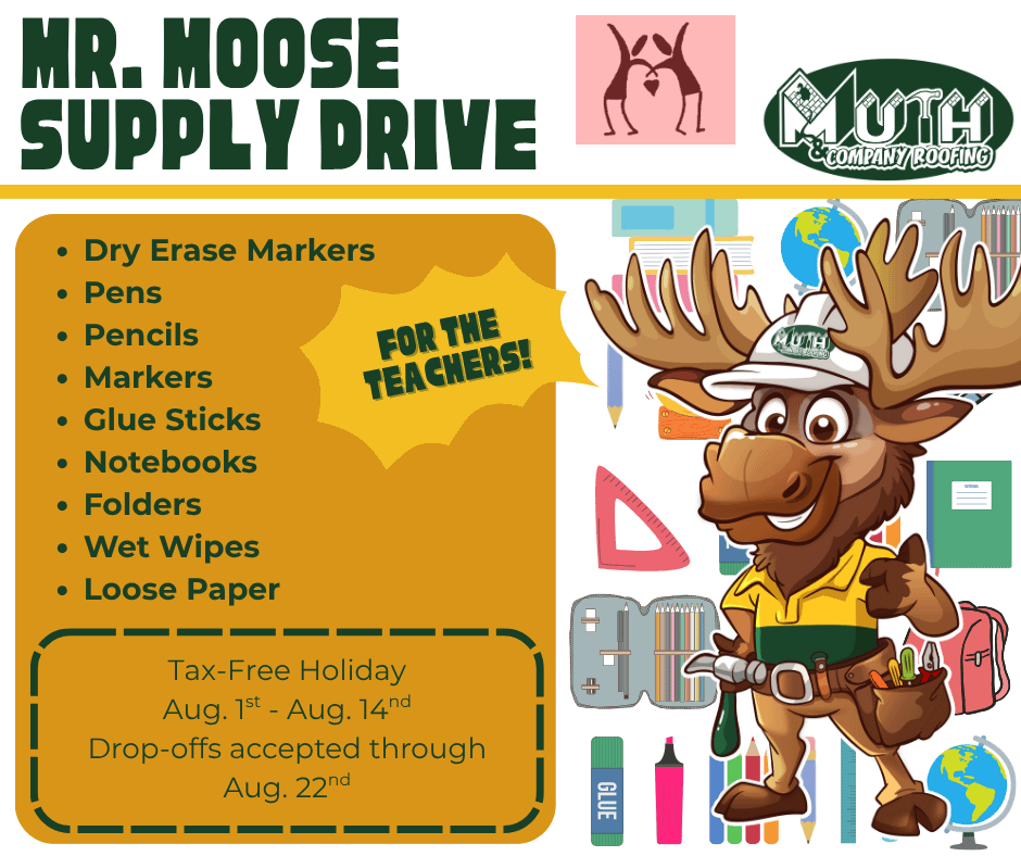 Mr. Moose Teacher Supply Drive for Big Walnut Teachers image with a list of needed items.