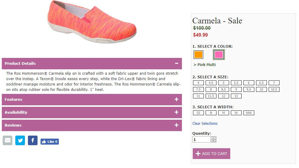 shoe website selection screen